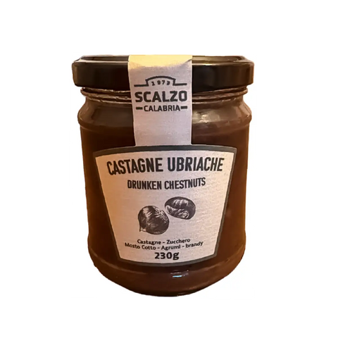 Castagne Ubriache Scalzo Calabria, crema di castagne con mosto cotto, agrumi e brandy. Vasetto da 230 grammi.