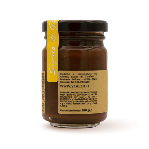 Retro del vaso da 100 grammi di Crema di Castagne al Cioccolato Scalzo Calabria, con valori nutrizionali.
