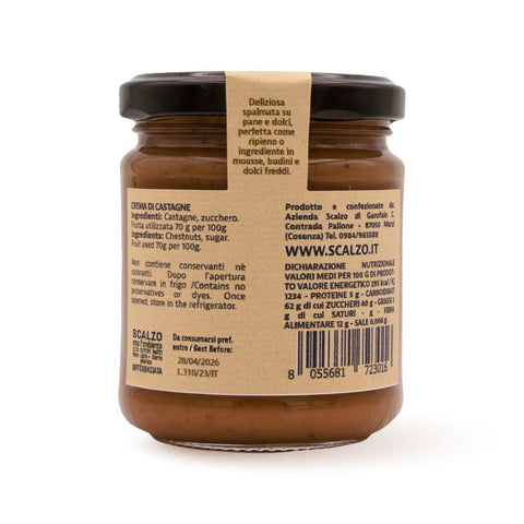 Retro del vaso da 230 grammi di Crema di Castagne Scalzo Calabria, con lista ingredienti e valori nutrizionali.