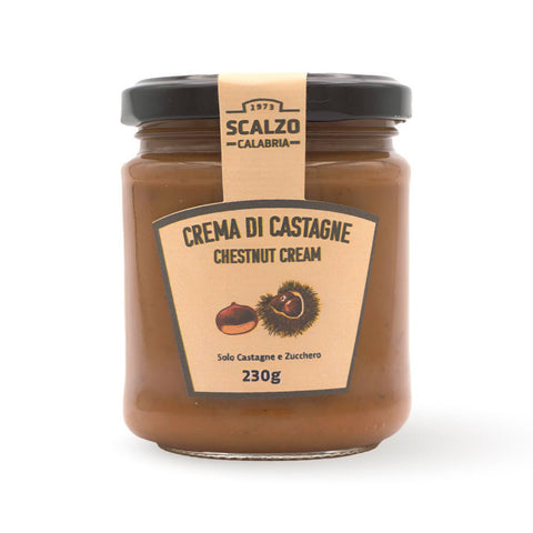 Vaso frontale da 230 grammi di Crema di Castagne Scalzo Calabria, realizzata con castagne fresche e zucchero, senza additivi.