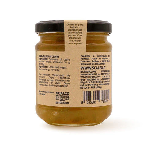 Retro del vaso da 230 grammi di Marmellata di Cedro Scalzo Calabria, con lista ingredienti e valori nutrizionali.