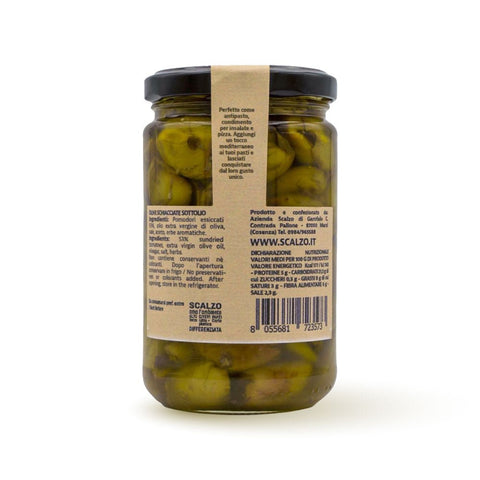 Olive Verdi Schiacciate Scalzo Calabria, con finocchietto, aglio e peperoncino, conservate in olio extra vergine di oliva.