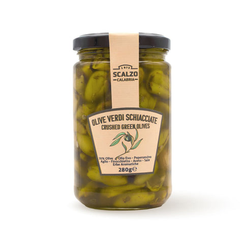 Olive Verdi Schiacciate Scalzo Calabria, con finocchietto, aglio e peperoncino, conservate in olio extra vergine di oliva.
