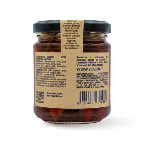 Retro del vaso da 190 grammi di Peperoncino Ripieno alle Erbe Scalzo Calabria, con lista ingredienti e valori nutrizionali.
