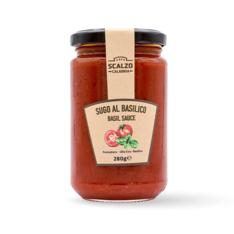 Vaso frontale da 280 grammi di Sugo al Basilico Scalzo Calabria, preparato con pomodori calabresi freschi e basilico aromatico.