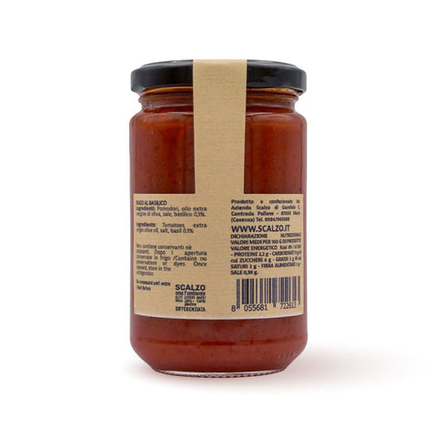 Retro del vaso da 280 grammi di Sugo al Basilico Scalzo Calabria, con lista ingredienti e valori nutrizionali.