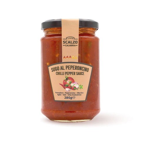 Vaso frontale da 280 grammi di Sugo al Peperoncino Scalzo Calabria, preparato con pomodori freschi e peperoncino piccante.
