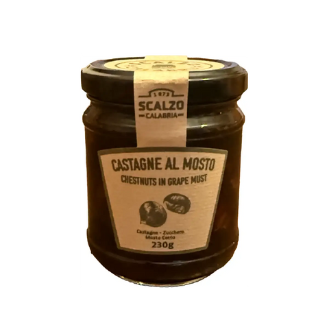 Castagne al Mosto Scalzo Calabria, crema di castagne della Valle del Savuto cotta con mosto cotto e zucchero. Vasetto da 230 grammi.