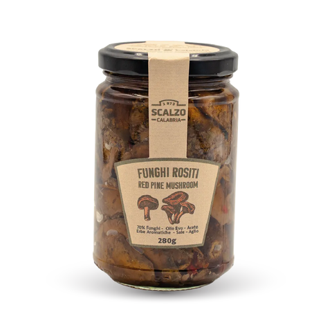 Funghi Rositi sott'olio Scalzo Calabria, Lactarius deliciosus conservati in olio extra vergine di oliva con erbe aromatiche e aglio. Formato 280 grammi.