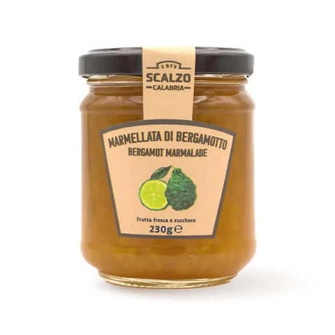Vasetto di marmellata di bergamotto Scalzo Calabria da 230 g, preparata con scorza, polpa e succo di bergamotti di Calabria