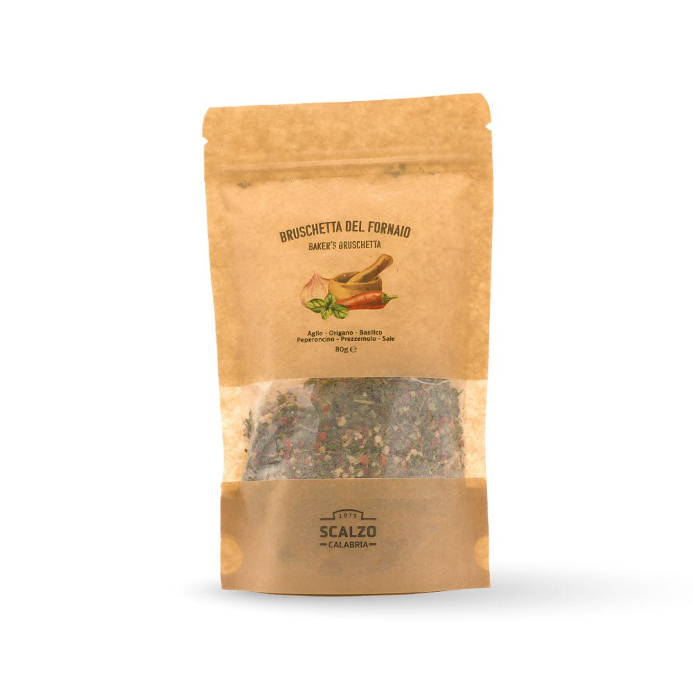 Bruschetta del Fornaio Scalzo Calabria - bustina doypack da 80 grammi contenente una miscela aromatica di aglio, origano, basilico, peperoncino, prezzemolo e sale, ideale per esaltare il gusto delle bruschette e altre preparazioni culinarie.