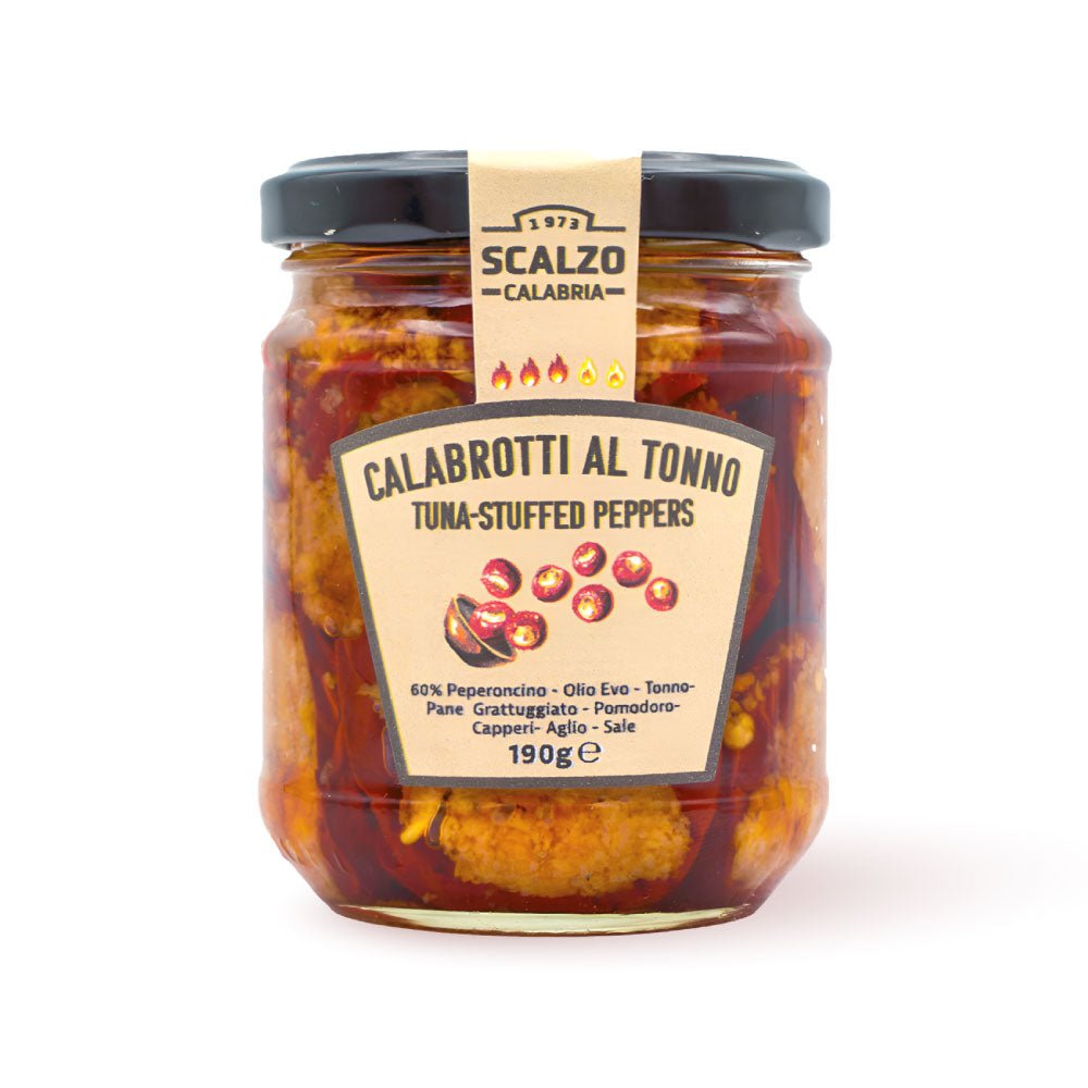 Vaso frontale di Calabrotti al tonno, peperoncini ripieni con tonno e conservati sott'olio extra vergine d'oliva