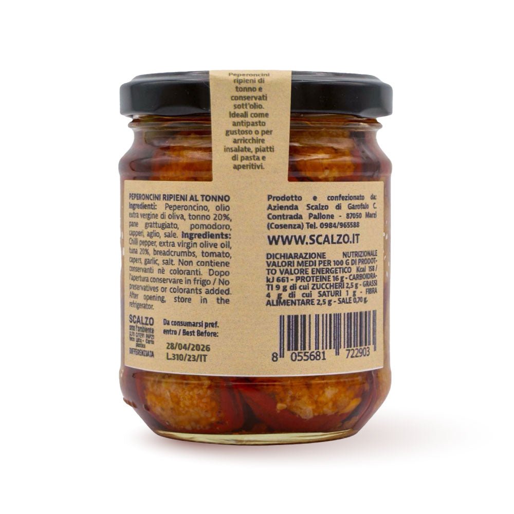 Retro del vaso di Calabrotti al tonno da 190 grammi, con lista ingredienti e valori nutrizionali