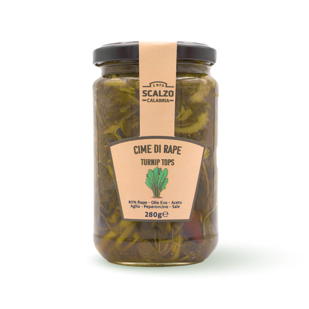 Vaso frontale da 280 grammi di Cime di Rape Scalzo Calabria, preparate con cime fresche e conservate sott'olio extra vergine d'oliva con aglio e peperoncino