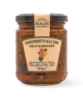 Vaso frontale da 190 grammi di Condispaghetti Scalzo Calabria, un condimento ricco di sapori con peperoncino, cicoria e erbe aromatiche, conservato sott'olio extra vergine d'oliva