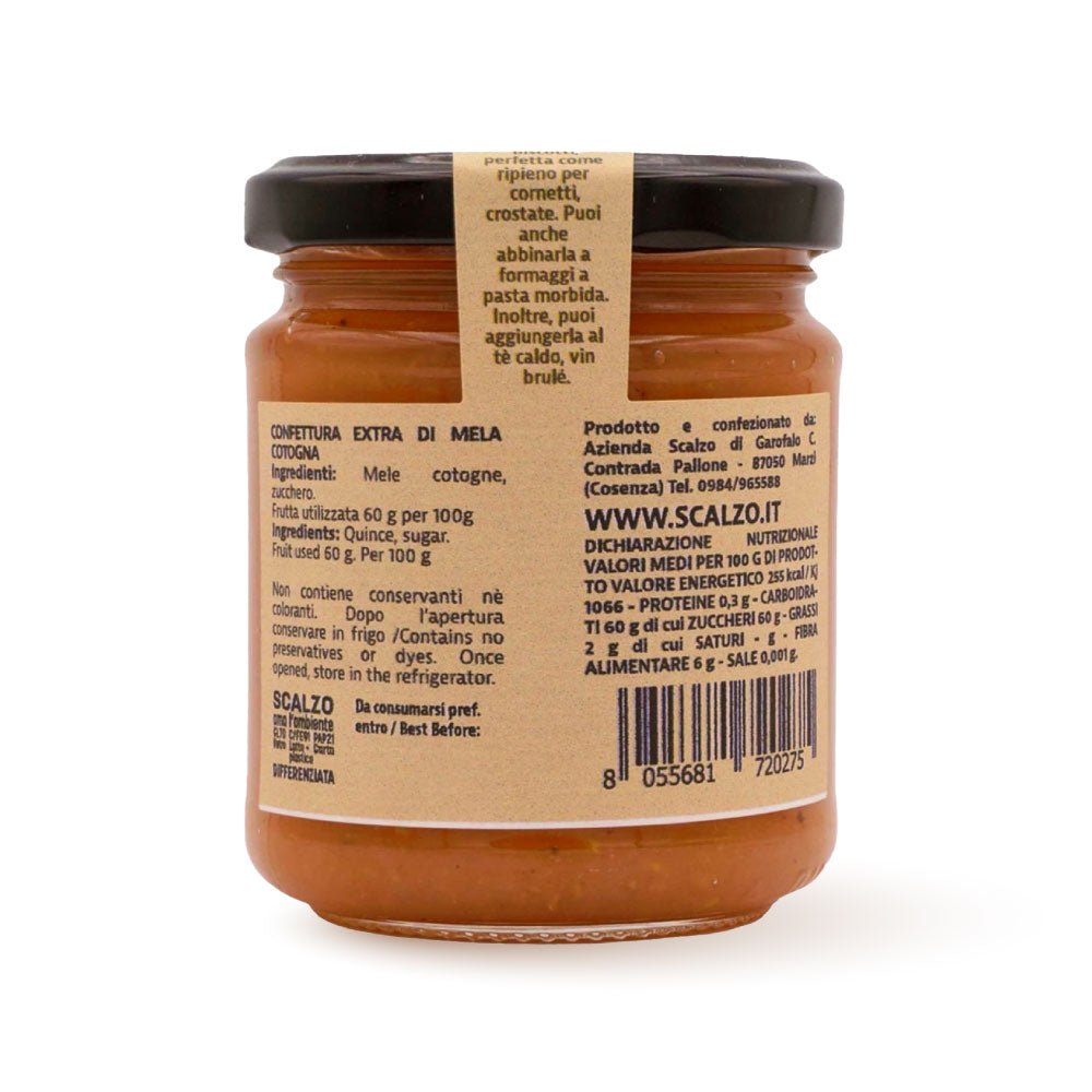 Retro del vaso da 230 grammi di Confettura di Mele Cotogne Scalzo Calabria, con lista ingredienti e valori nutrizionali.