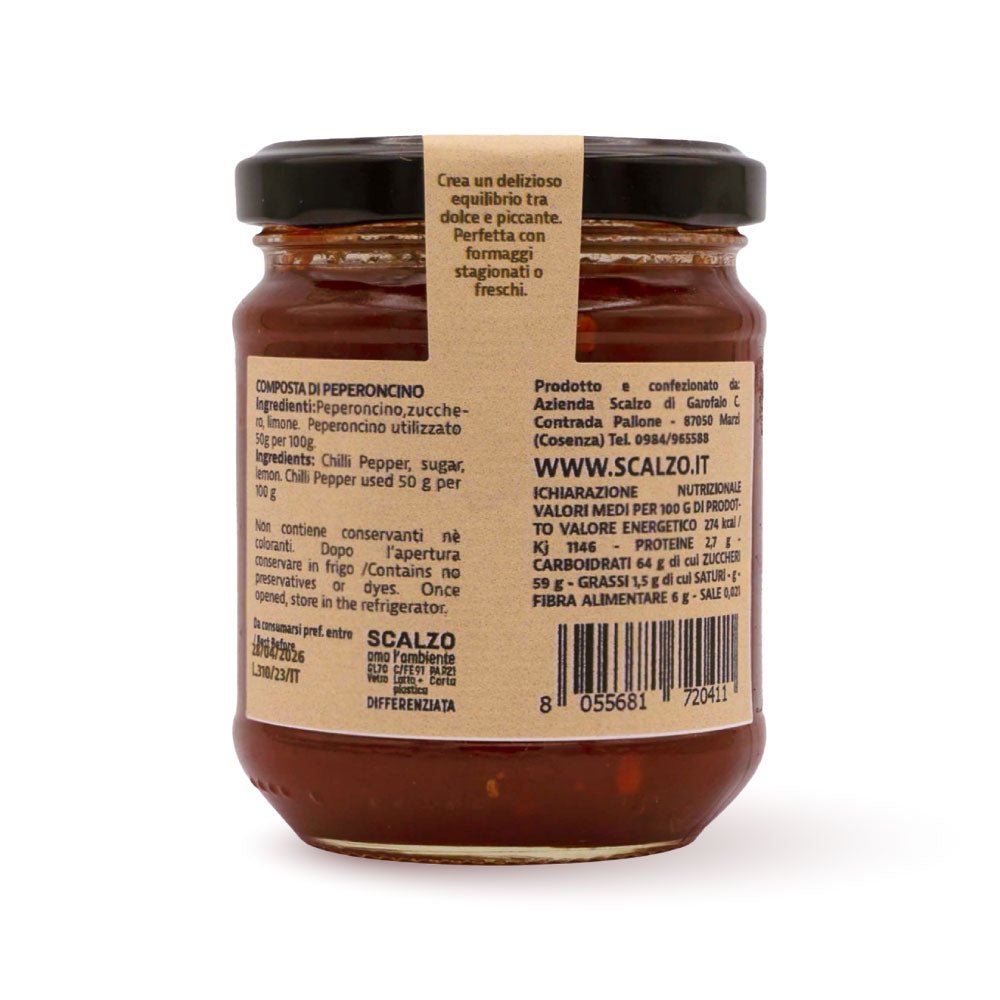 Retro del vaso da 230 grammi di Composta di Peperoncino Scalzo Calabria, con lista ingredienti e valori nutrizionali.