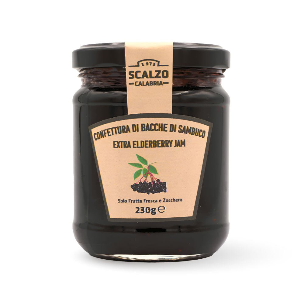 Vaso frontale da 230 grammi di Confettura di Sambuco Scalzo Calabria, realizzata con bacche di sambuco fresche e zucchero, senza additivi.