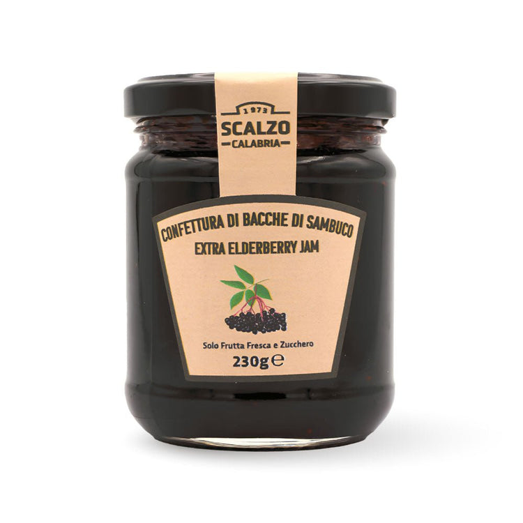 Vaso frontale da 230 grammi di Confettura di Sambuco Scalzo Calabria, realizzata con bacche di sambuco fresche e zucchero, senza additivi.