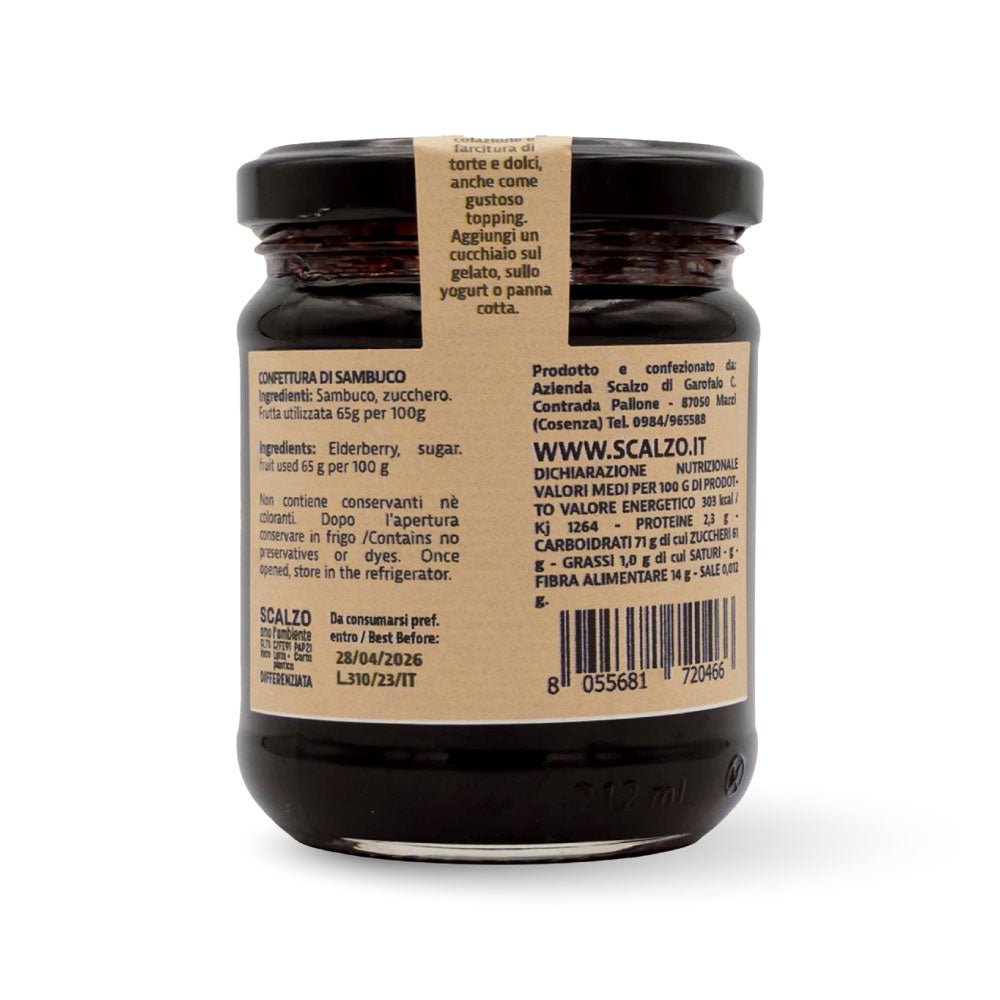 Retro del vaso da 230 grammi di Confettura di Sambuco Scalzo Calabria, con lista ingredienti e valori nutrizionali.