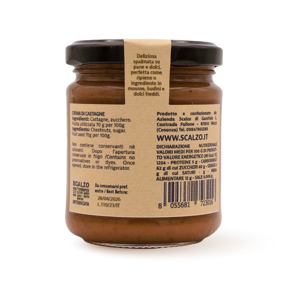 Retro del vaso da 230 grammi di Crema di Castagne Scalzo Calabria, con lista ingredienti e valori nutrizionali.