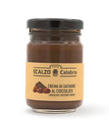 Vaso frontale da 100 grammi di Crema di Castagne al Cioccolato Scalzo Calabria, realizzata con castagne fresche e cioccolato, senza additivi.