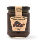 Vaso frontale da 230 grammi di Crema di Castagne al Cioccolato Scalzo Calabria, realizzata con castagne fresche e cioccolato, senza additivi.