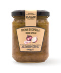 Vaso frontale da 190 grammi di Crema di Cipolla di Tropea Scalzo Calabria, realizzata con cipolle di Tropea IGP fresche e olio extra vergine d'oliva, senza additivi.
