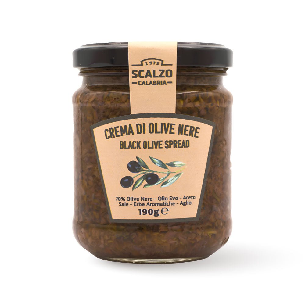 Vaso frontale da 190 grammi di Crema di Olive Nere Scalzo Calabria, realizzata con olive nere fresche e olio extra vergine d'oliva, senza additivi.