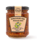 Vaso frontale da 190 grammi di Crema di Olive Verdi al Peperoncino Scalzo Calabria, realizzata con olive verdi e peperoncino, conservate in olio extra vergine d'oliva.