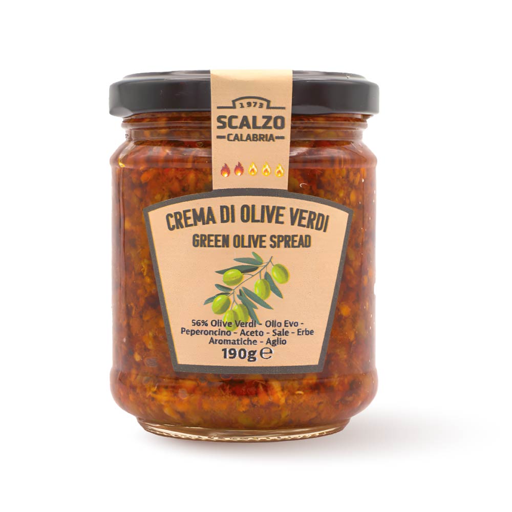 Vaso frontale da 190 grammi di Crema di Olive Verdi al Peperoncino Scalzo Calabria, realizzata con olive verdi e peperoncino, conservate in olio extra vergine d'oliva.