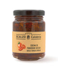 Vaso frontale da 100 grammi di Crema di Pomodori Secchi Scalzo Calabria, realizzata con pomodori secchi freschi e olio extra vergine d'oliva, senza additivi.