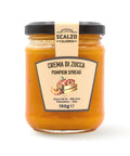 Vaso frontale da 190 grammi di Crema di Zucca Scalzo Calabria, realizzata con zucca fresca e olio extra vergine d'oliva, senza additivi.