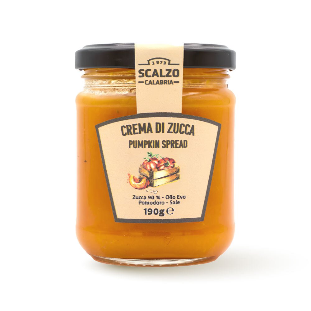 Vaso frontale da 190 grammi di Crema di Zucca Scalzo Calabria, realizzata con zucca fresca e olio extra vergine d'oliva, senza additivi.