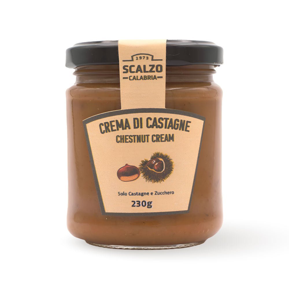 Vaso frontale da 230 grammi di Crema di Castagne Scalzo Calabria, realizzata con castagne fresche e zucchero, senza additivi.