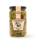 Vaso frontale da 280 grammi di Filetti di Melanzane Scalzo Calabria, preparati con melanzane fresche e conservati in olio extra vergine d'oliva.