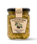 Vaso frontale da 190 grammi di Filetti di Melanzane Scalzo Calabria, preparati con melanzane fresche e conservati in olio extra vergine d'oliva