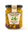 Vaso frontale da 190 grammi di Filetti di Zucchine Scalzo Calabria, preparati con zucchine fresche e conservati in olio extra vergine d'oliva.