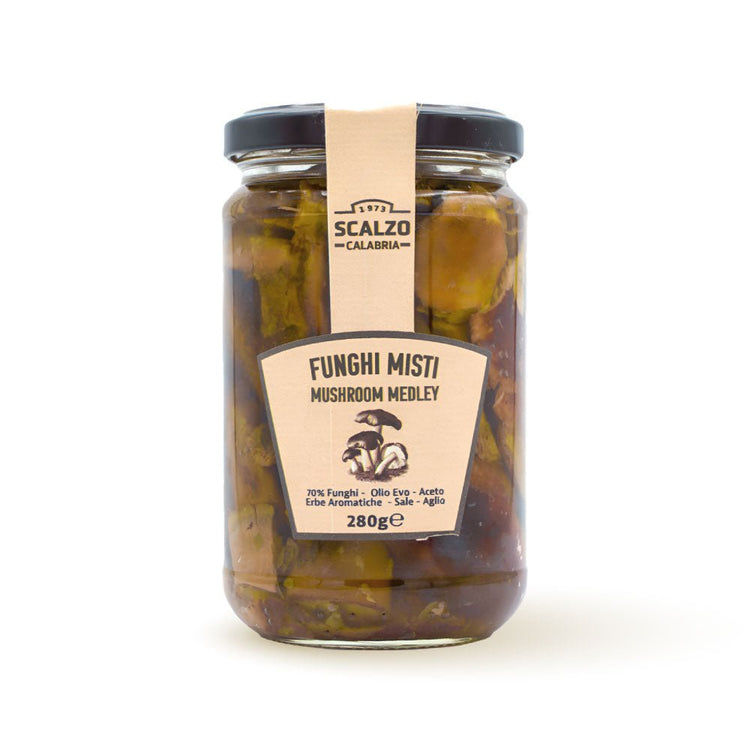 Vaso frontale da 280 grammi di Funghi Misti Scalzo Calabria, preparati con funghi freschi e conservati in olio extra vergine d'oliva.