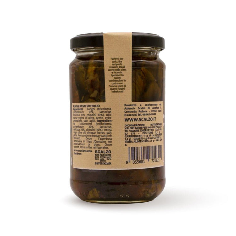 Retro del vaso da 280 grammi di Funghi Misti Scalzo Calabria, con lista ingredienti e valori nutrizionali.