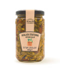 Vaso frontale da 280 grammi di Insalata d'Autunno Scalzo Calabria, un mix di verdure fresche autunnali conservate in olio extra vergine d'oliva