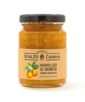 Vaso frontale da 100 grammi di Marmellata di Arance Scalzo Calabria, realizzata con arance fresche e zucchero, senza additivi.
