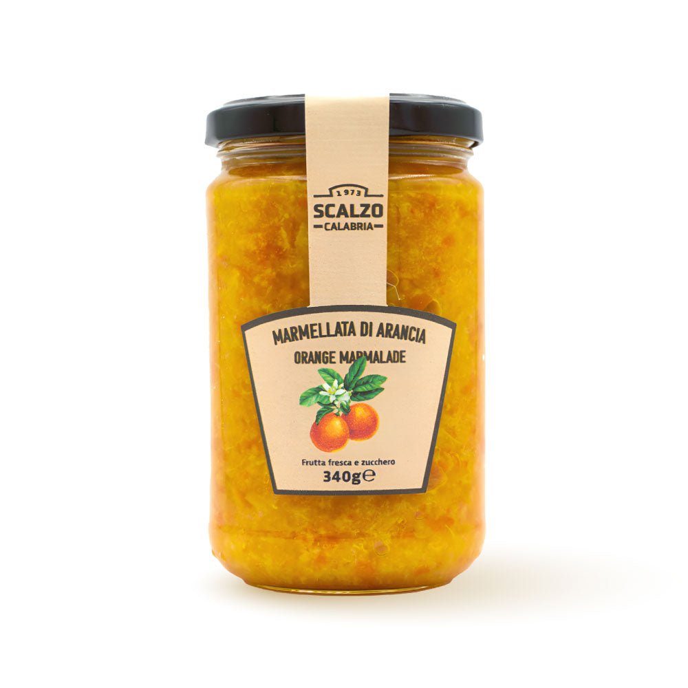 Vaso frontale da 340 grammi di Marmellata di Arance Scalzo Calabria, realizzata con arance fresche e zucchero, senza additivi.