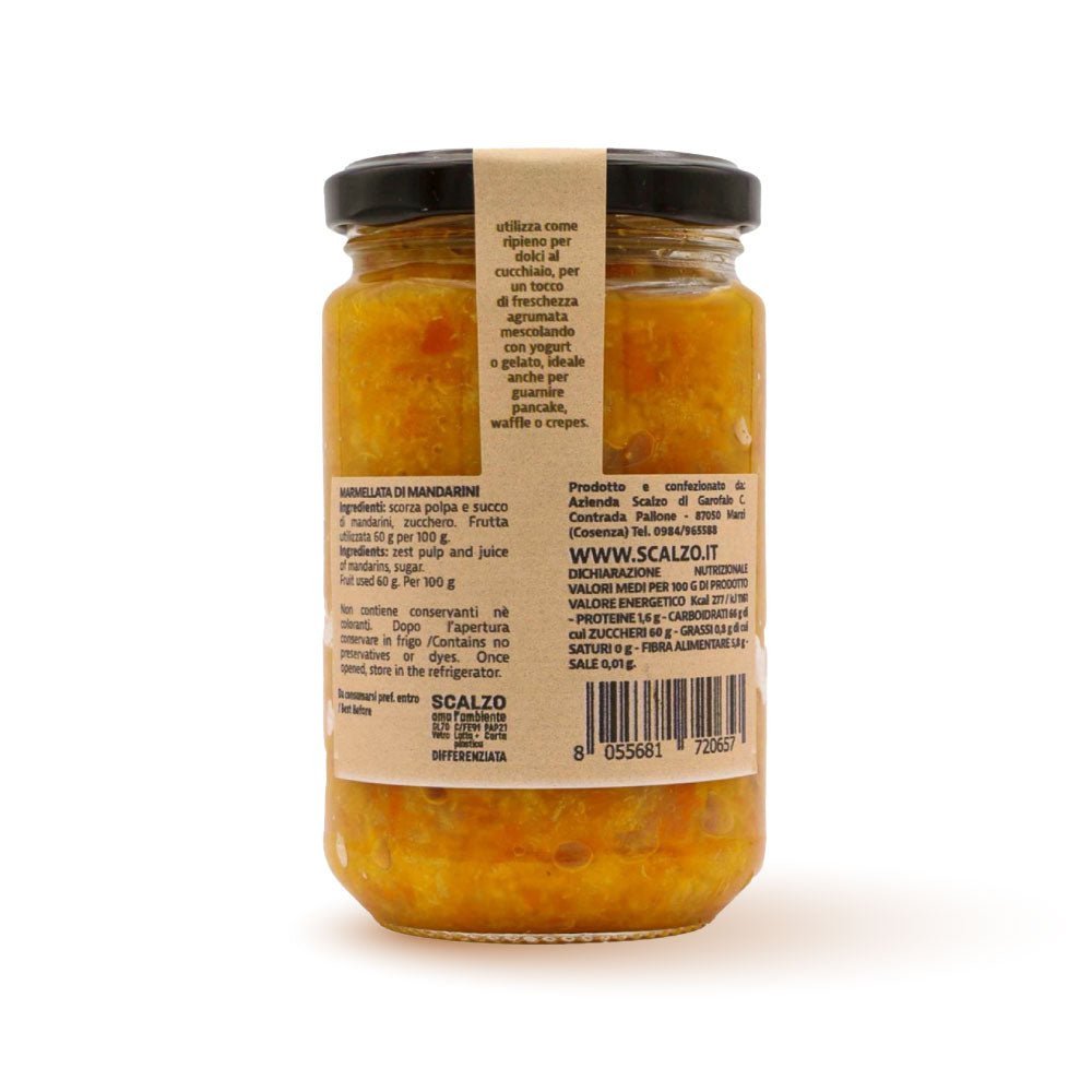 Retro del vaso da 340 grammi di Marmellata di Mandarini Scalzo Calabria, con lista ingredienti e valori nutrizionali.