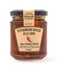 Vaso frontale da 190 grammi di Peperoncino Ripieno alle Erbe Scalzo Calabria, peperoncini piccanti farciti con erbe aromatiche e conservati in olio extra vergine d'oliva.