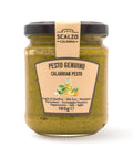 Vaso frontale da 190 grammi di Pesto Genuino Scalzo Calabria, preparato con basilico fresco, olio extra vergine d'oliva, mandorle, pecorino e peperoncino.