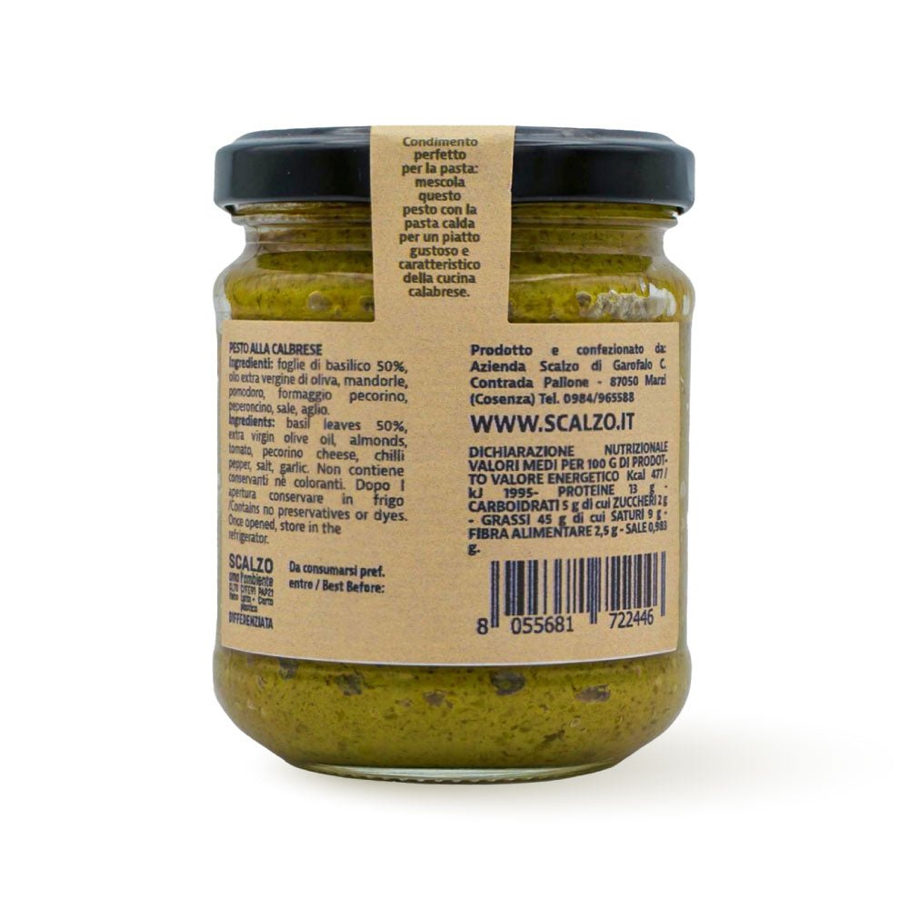 Retro del vaso da 190 grammi di Pesto Genuino Scalzo Calabria, con lista ingredienti e valori nutrizionali.