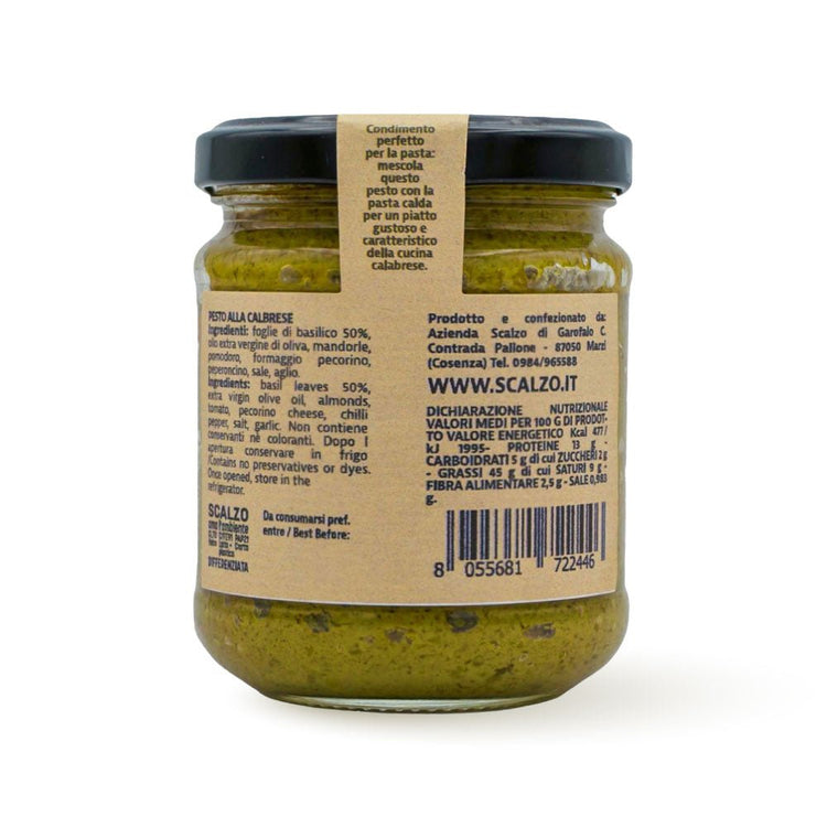 Retro del vaso da 190 grammi di Pesto Genuino Scalzo Calabria, con lista ingredienti e valori nutrizionali.