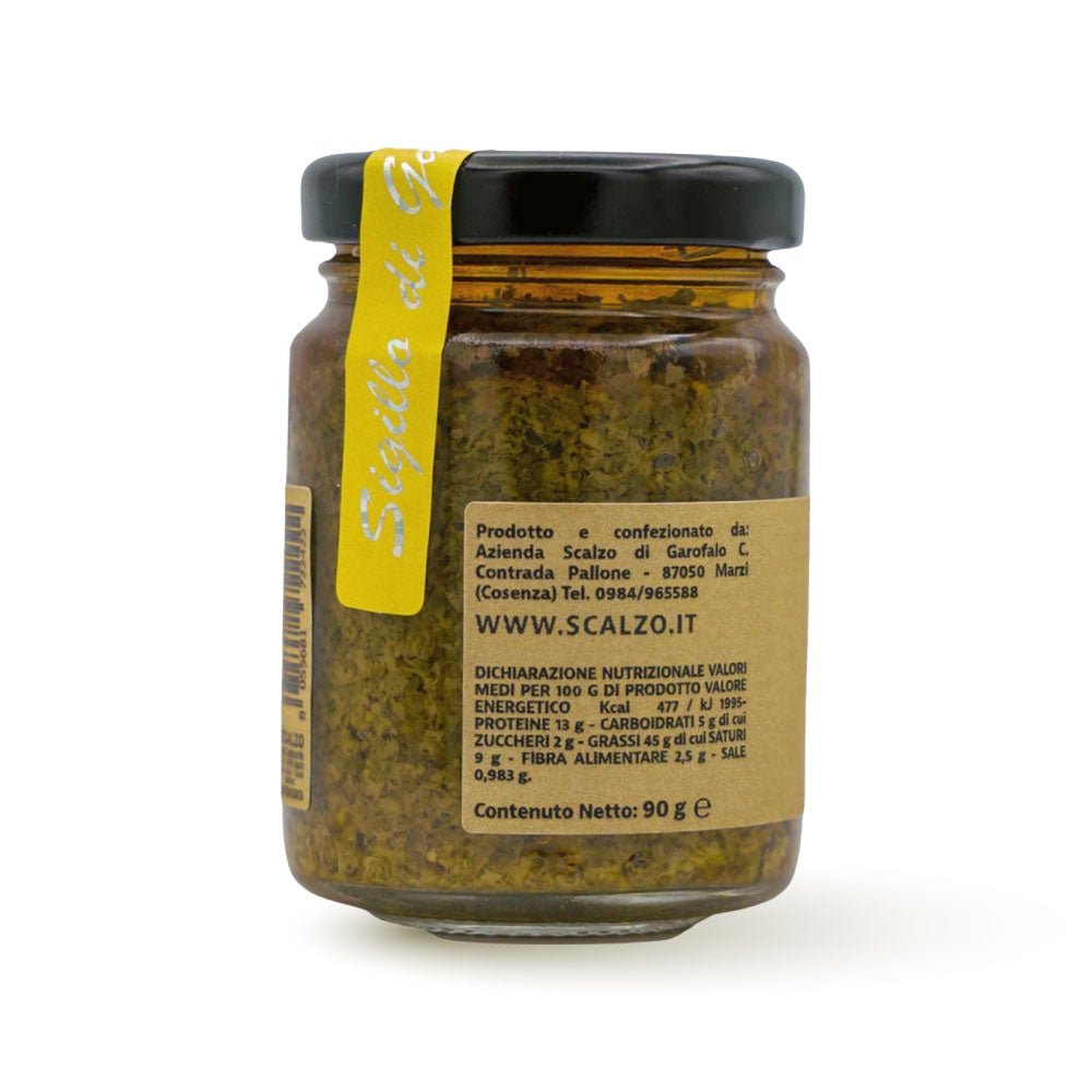 Retro del vaso da 90 grammi di Pesto Genuino Scalzo Calabria, con valori nutrizionali.