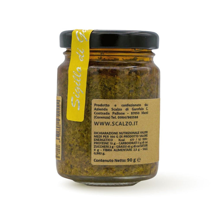 Retro del vaso da 90 grammi di Pesto Genuino Scalzo Calabria, con valori nutrizionali.
